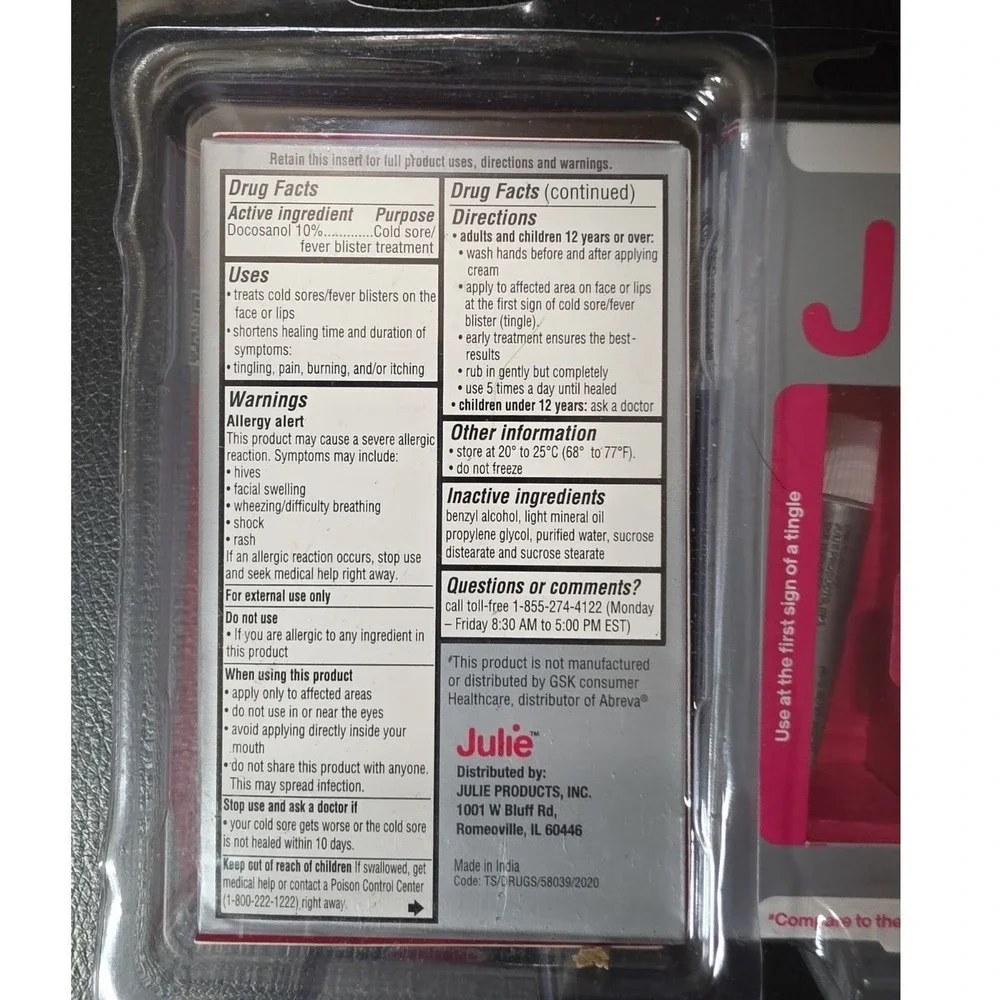 2 pack - Julie Cold Sore/Fever Docosanol 10% Cream 2g 8/2026 Sealed Abreva